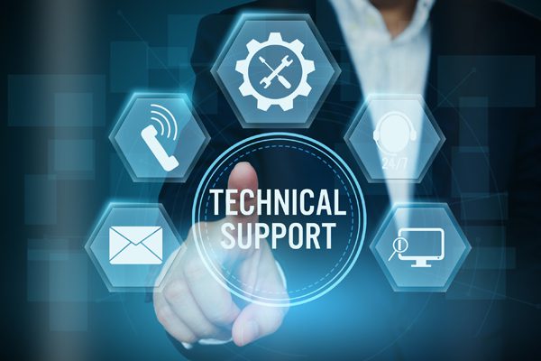 A businessman's fingers pointing digital icons surrounding the word Technical Support